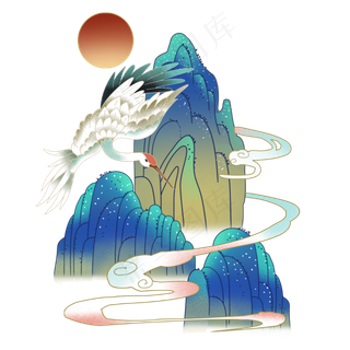 国潮中国风山水仙鹤,免抠元素