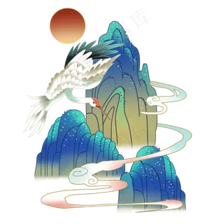 国潮中国风山水仙鹤,免抠元素