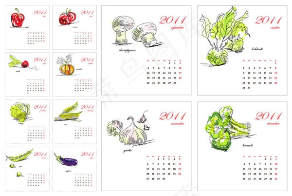 手绘蔬菜2011日历矢量素材eps,ai矢量模版下载