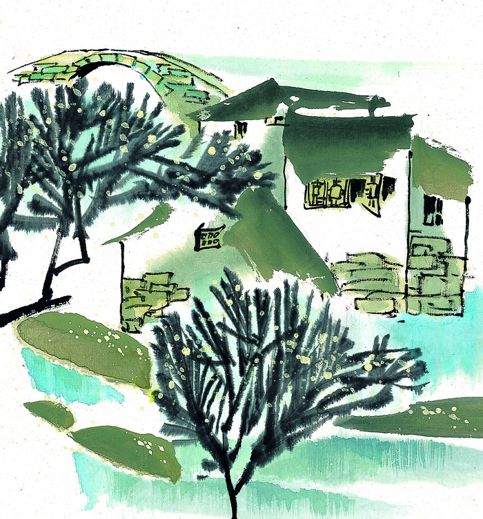 国画江南水乡冬景