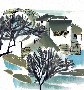 国画江南水乡冬景