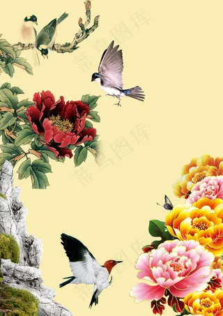 水彩工笔花鸟国画PSD素材