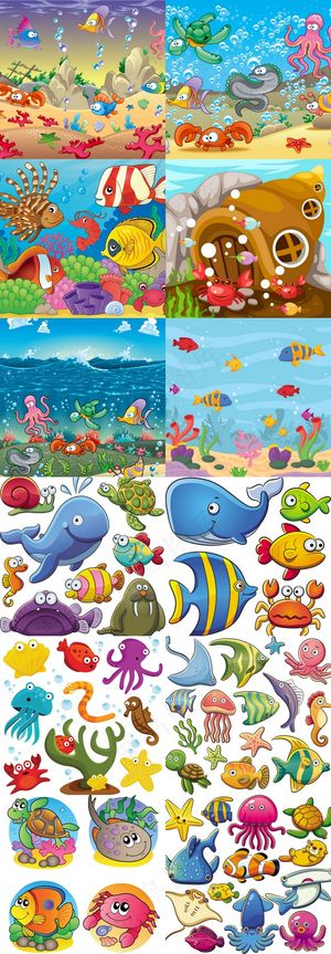 卡通海底世界海洋动物矢量设计素材