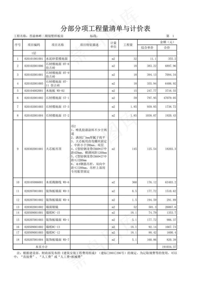 部分项工程量清单与计价表