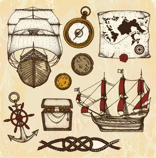 复古海盗船 指南针地图珠宝箱矢量素...
