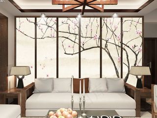 新中式电视背景墙梅花桃花手绘psd...