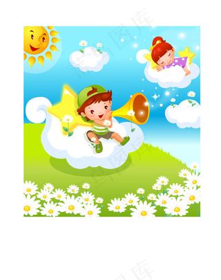 小男孩在草地上吹喇叭