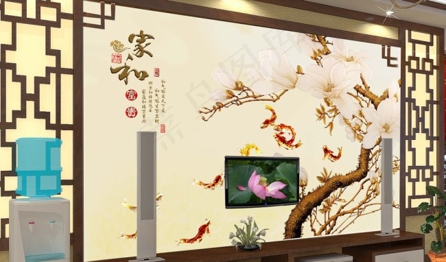 玉兰花电视背景墙图片(9071X5669(DPI:72))psd模版下载