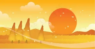 夕阳西下黄昏太阳树林山坡意境图