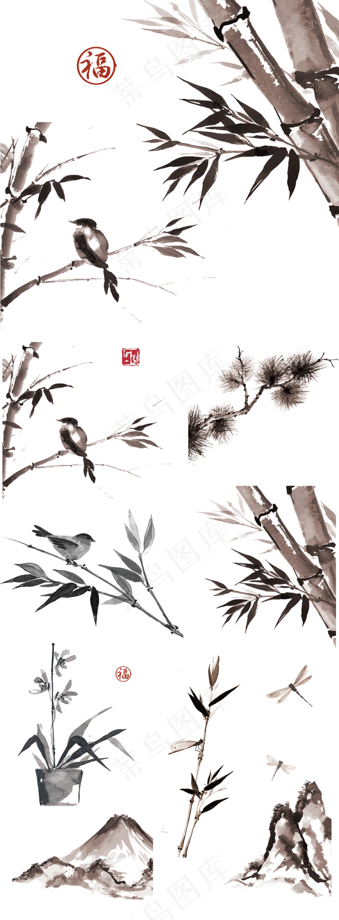 2017中式古典水墨竹子花鸟鱼虫图...ai矢量模版下载