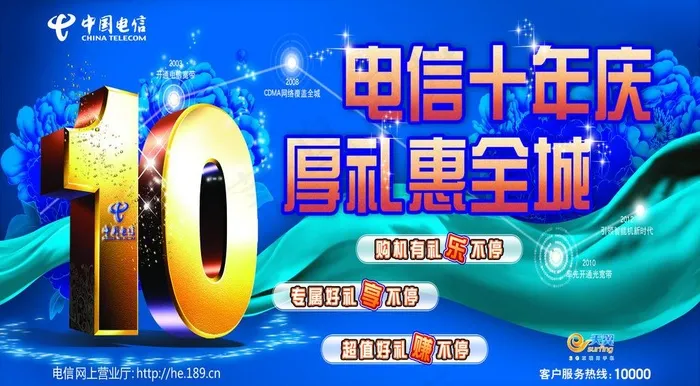 电信十年庆 厚礼惠全城图片(3307X2008(DPI:30))psd模版下载