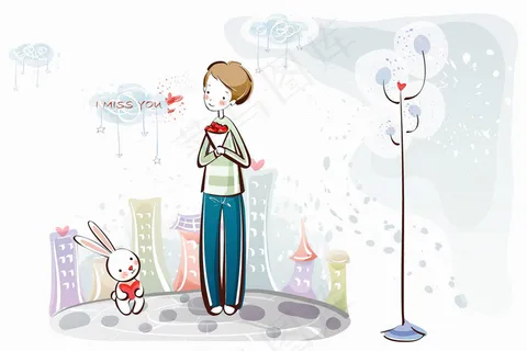 我想你男生手捧鲜花可爱手绘卡通电视...