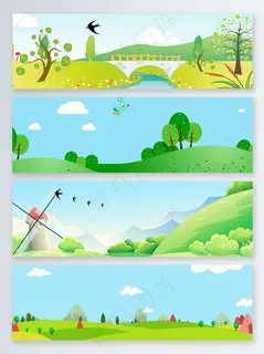 春季清明踏青扁平卡通banner背景