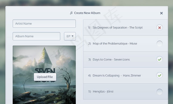 音乐上传模态窗口界面PSD