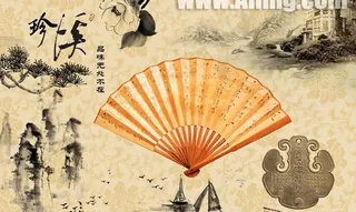 山水扇子水墨画psd素材