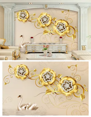 3d金色奢华欧式天鹅珠宝花朵电视背...