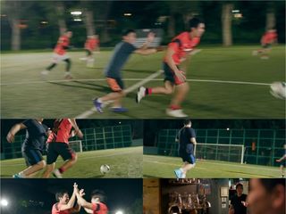 男子踢足球喝酒聊天打保龄球跑步的视...