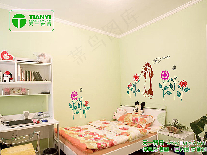 儿童房卡通猫和花草背景效果图图片psd模版下载
