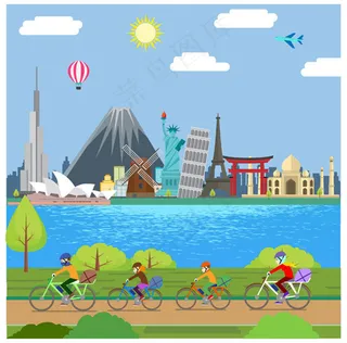 城市风景骑行人物