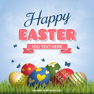 复活节卡片上的鸡蛋在草地上