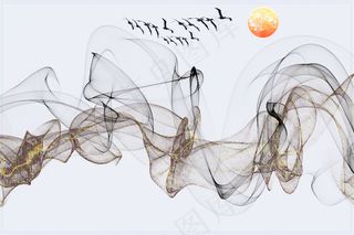 简约3D立体新中式抽象意境水墨客厅...