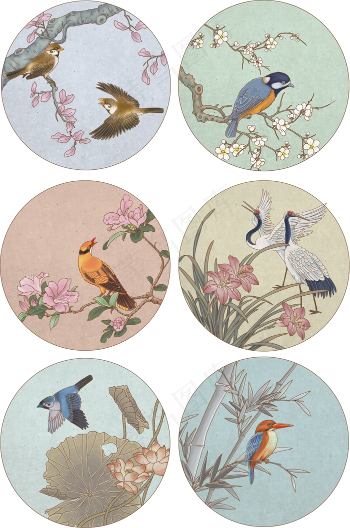 复古中国风壁画壁纸插画花卉飞鸟,免抠元素