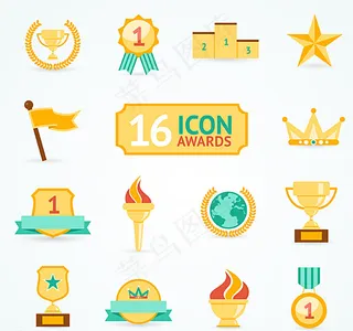 金色奖杯与奖牌图标矢量素材图片