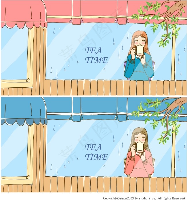 玻璃前喝水的卡通女孩插画ai矢量模版下载