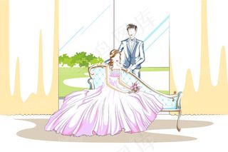 卡通手绘新人情侣插画矢量素材