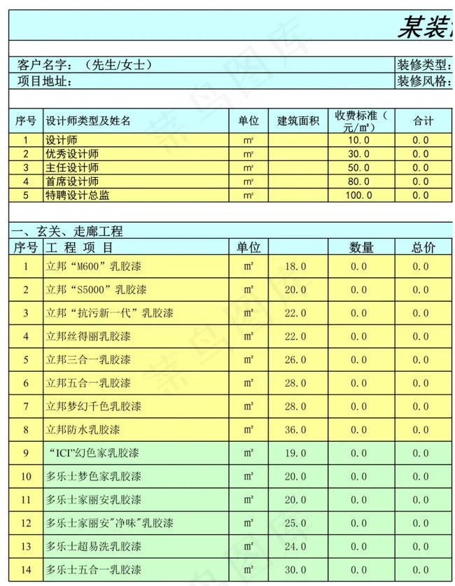 某装饰工程有限公司统一报价表 20...