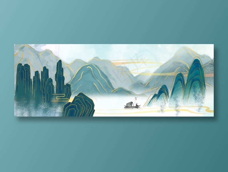 蓝色高端金边古风中国风山水长图背景
