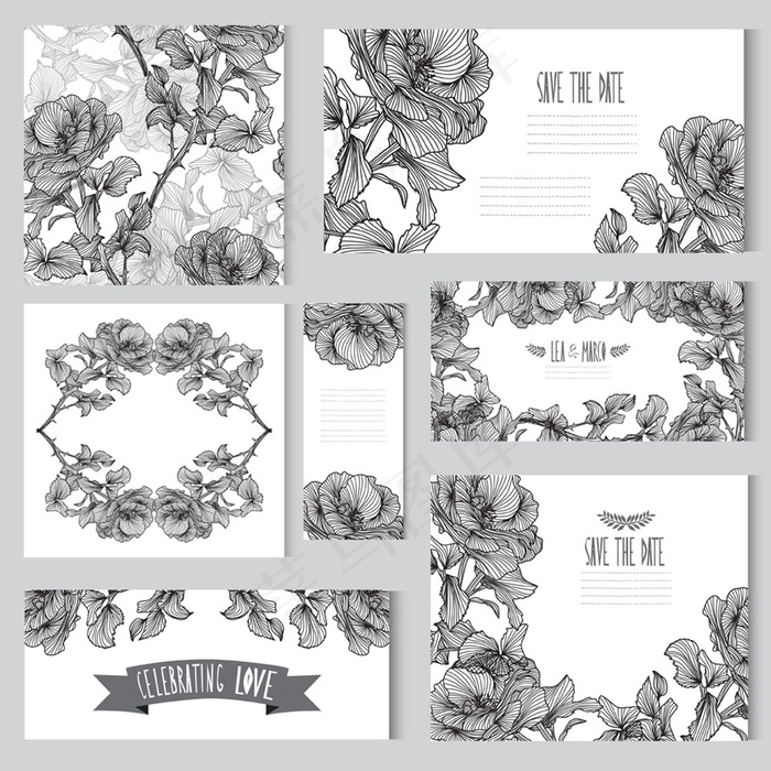 黑白美丽花朵婚礼卡片模板下载