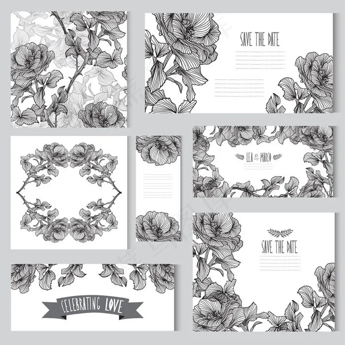 黑白美丽花朵婚礼卡片模板下载eps,ai矢量模版下载
