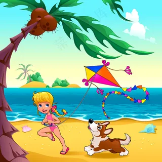 卡通人物河边放风筝矢量图