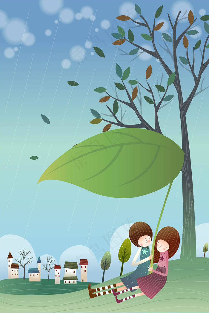 树叶下避雨的情侣 韩风AI矢量素材ai矢量模版下载