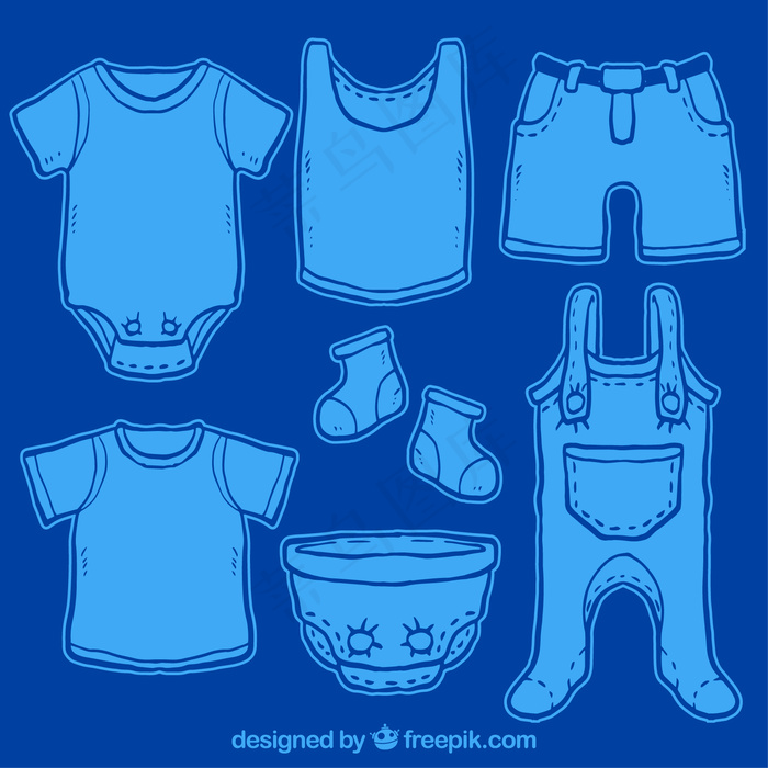 手绘的蓝色婴儿服装ai矢量模版下载