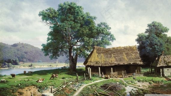 油画乡村田园风景图片