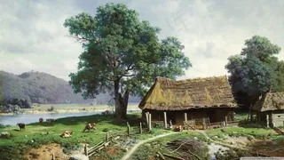 油画乡村田园风景图片