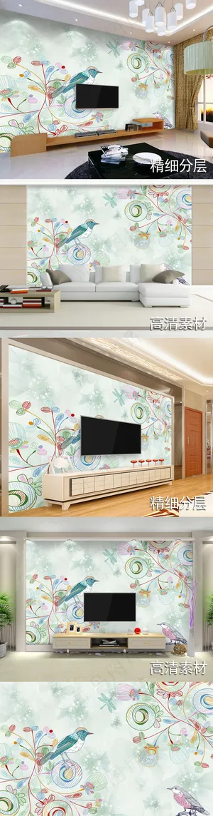 手绘花纹小清新现代简约电视背景墙0...