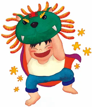 小孩舞狮水彩画