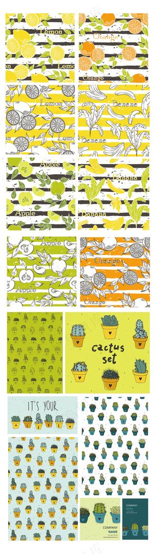 水彩水果仙人掌手绘包装卡片背景图案...