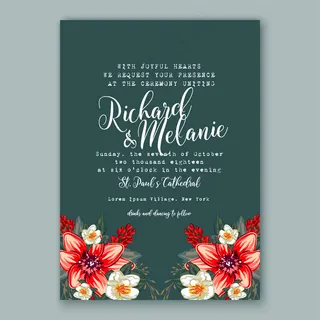 红色植物花朵婚礼请贴图片