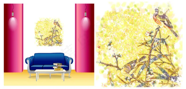 家居室内花鸟装饰画(6648X3197(DPI:300))psd模版下载
