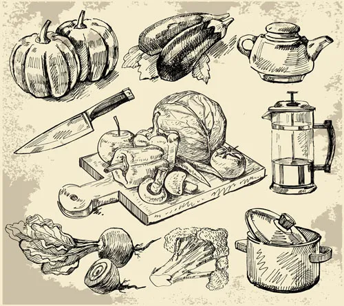 素描厨房用品矢量图eps,ai矢量模版下载