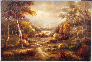 树林夕阳风景油画图