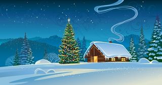 雪地冬天积雪森林小屋矢量插画