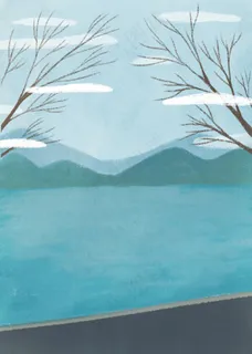 青山绿水白云树枝背景插画