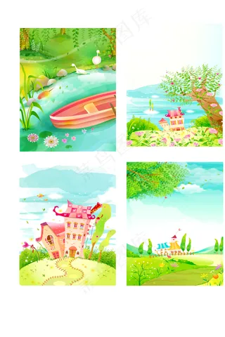 卡通儿童插画风景61海报背景元素A...