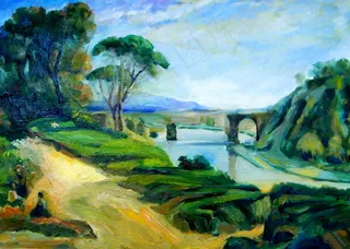 河流与绿草风景油画图片