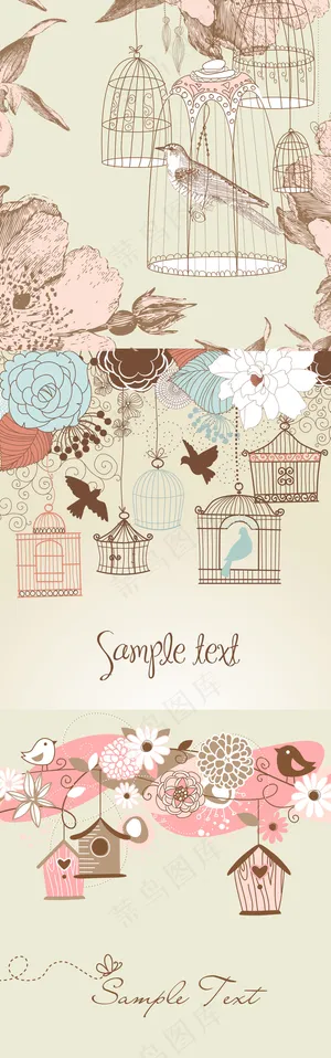 2017欧美复古手绘花鸟笼中鸟花纹...